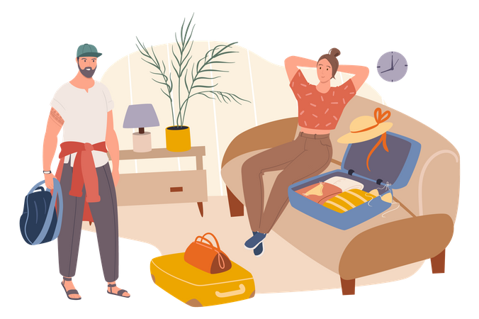 Couple packing clothes in suitcases and going on vacation Illustration