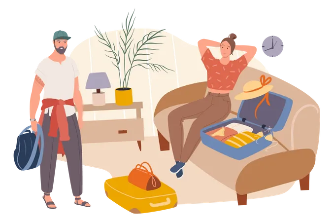 Couple packing clothes in suitcases and going on vacation  Illustration