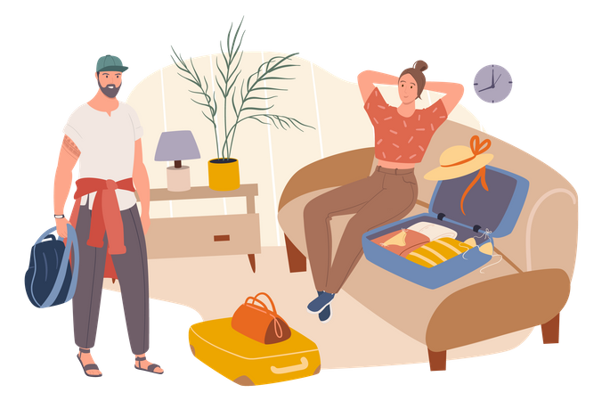 Couple packing clothes in suitcases and going on vacation  Illustration