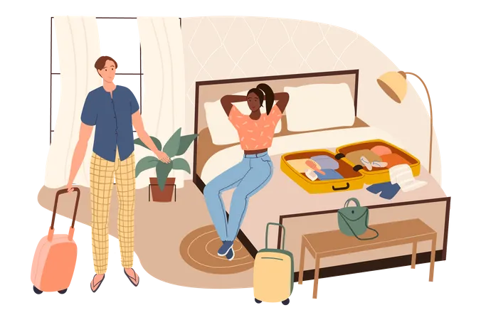 Couple packing clothes in suitcases at home Illustration