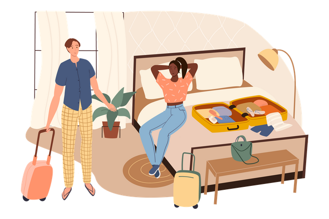 Couple packing clothes in suitcases at home  Illustration