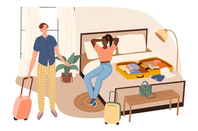 Couple packing clothes in suitcases at home  Illustration