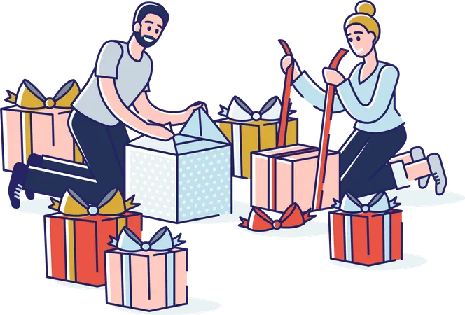 Couple packing gift boxes together Illustration