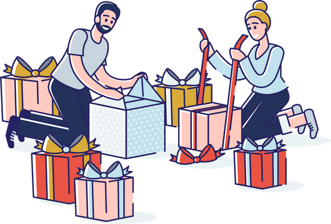 Couple packing gift boxes together  Illustration