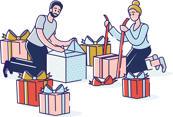 Couple packing gift boxes together  Illustration