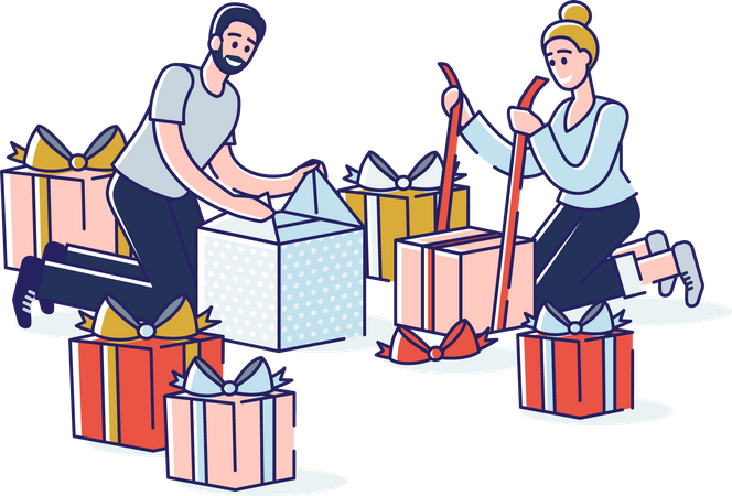 Couple packing gift boxes together  イラスト