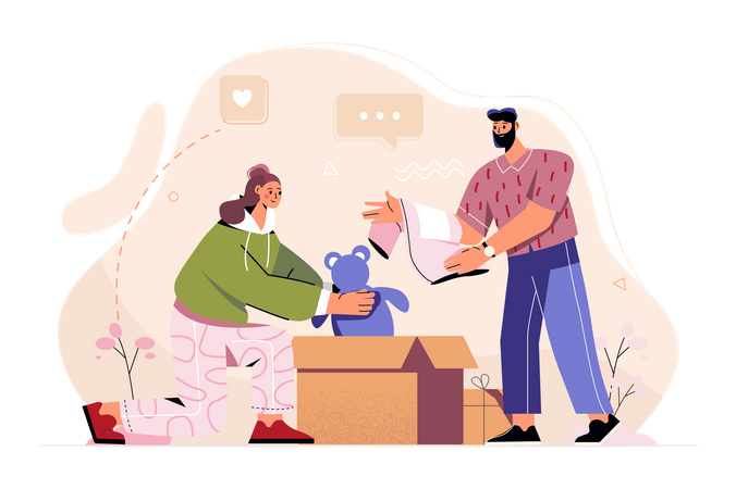 Couple packing household goods into boxes Illustration