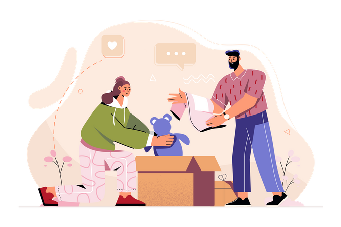 Couple packing household goods into boxes  Illustration