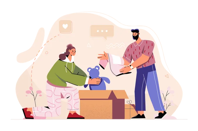 Couple packing household goods into boxes  Illustration