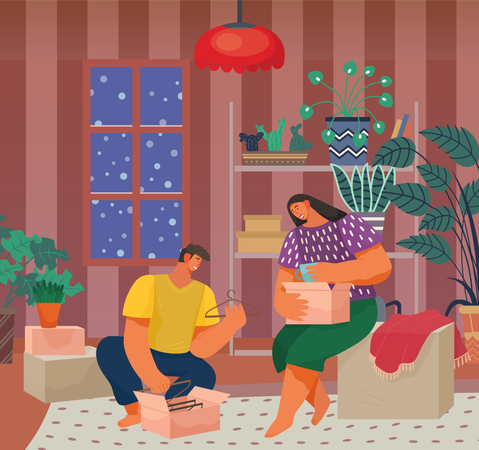 Couple packing stuff to move to new house  Illustration