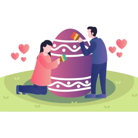 Couple painting Easter eggs Illustration