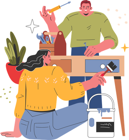 Couple painting work bench together  Illustration