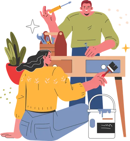 Couple painting work bench together  Illustration