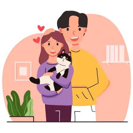 Couple pampering cat Illustration
