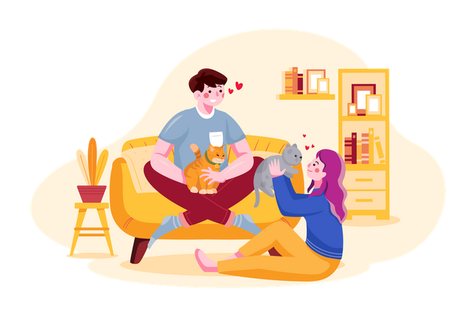 Couple pampering cat Illustration