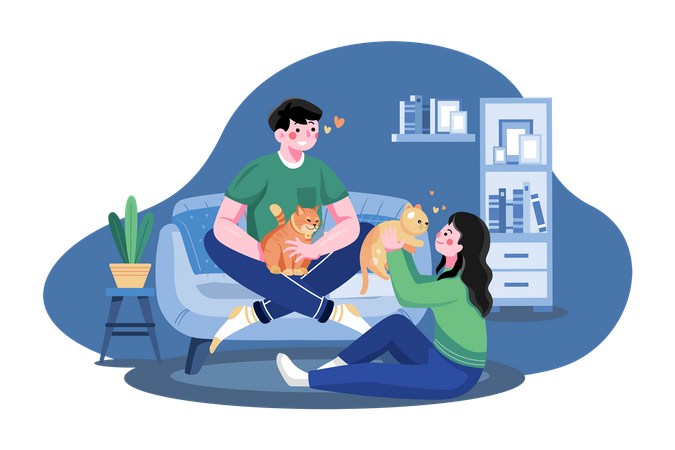 Couple pampering cat  Illustration