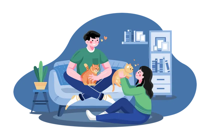 Couple pampering cat  Illustration