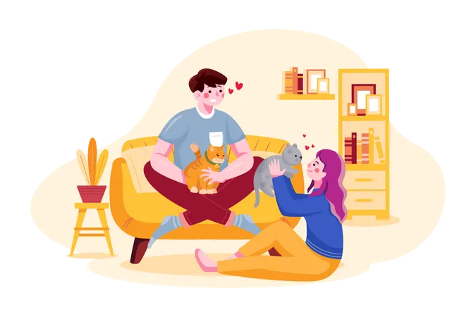 Couple pampering cat  Illustration