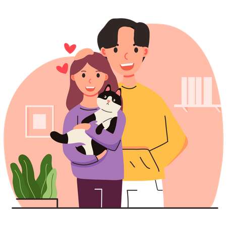 Couple pampering cat  Illustration