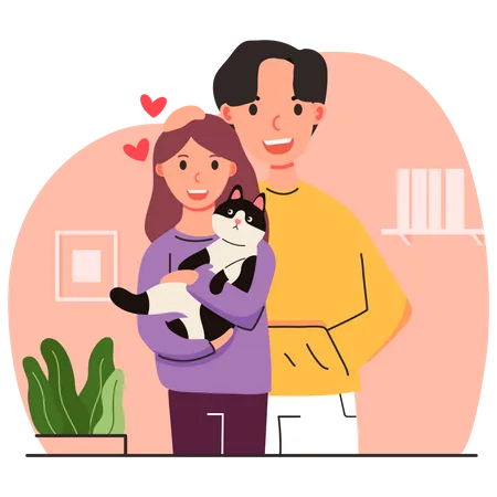 Couple pampering cat  Illustration