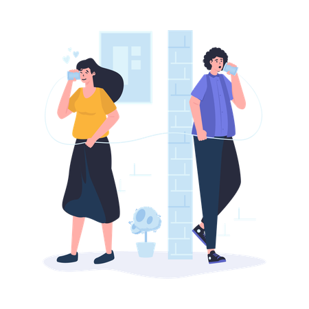 Couple parlant à travers une tasse  Illustration