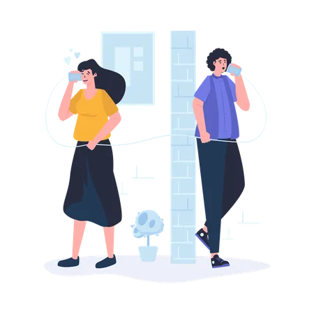 Couple parlant à travers une tasse  Illustration