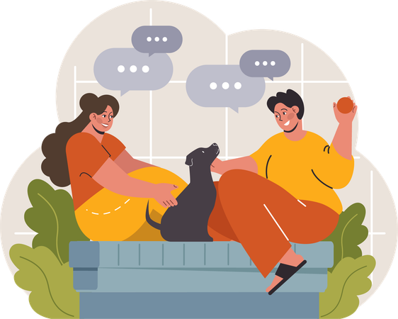 Couple parlant et assis sur un canapé avec un chien  Illustration