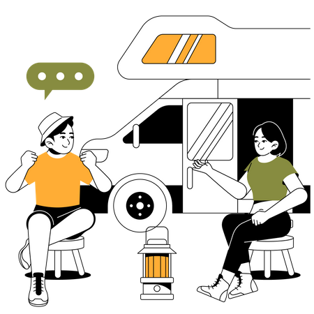 Couple parlant assis à l'extérieur du camping-car  Illustration