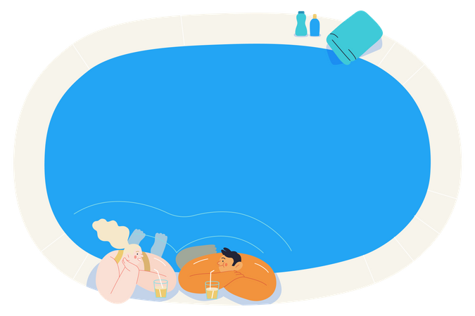 Couple parlant et buvant du jus dans la piscine  Illustration