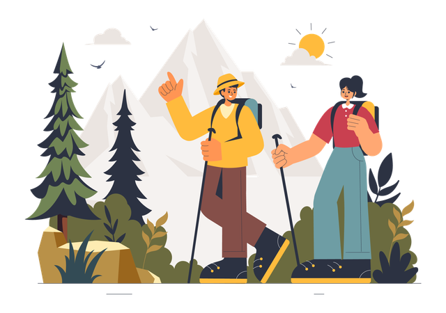 Un couple part à l'aventure en randonnée en montagne  Illustration