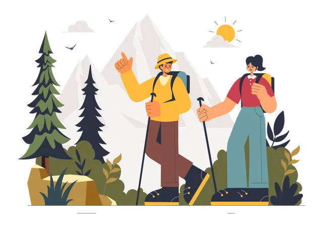 Un couple part à l'aventure en randonnée en montagne  Illustration