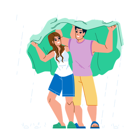 Couple partageant un imperméable sous la pluie  Illustration