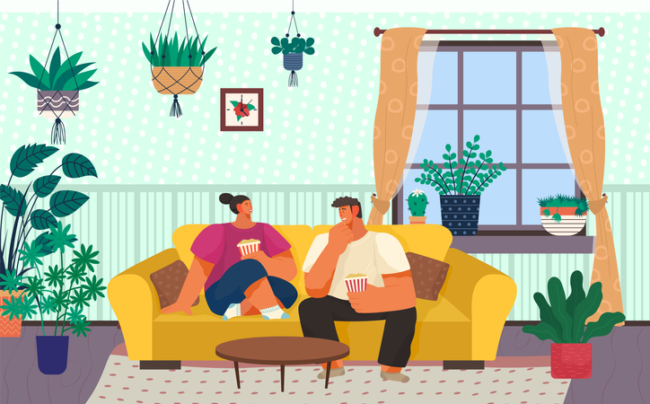 Un couple passe le week-end à la maison en mangeant du pop-corn  Illustration