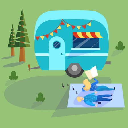 Un couple passe du temps dans la nature au camping-car  Illustration