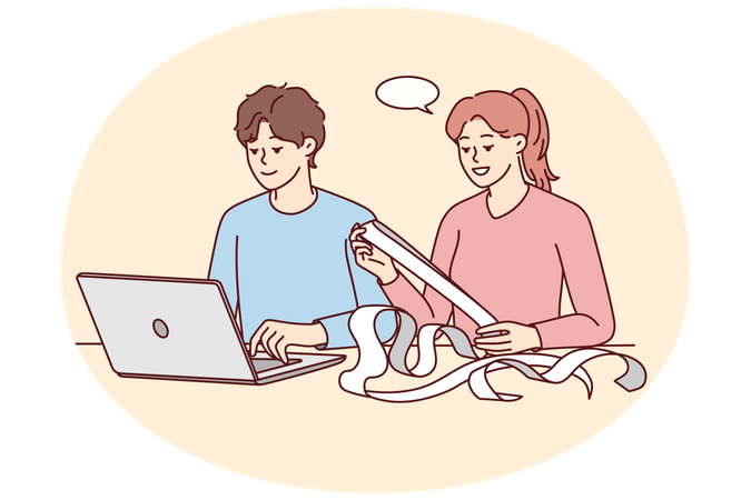 Couple pay bills online on computer  Illustration