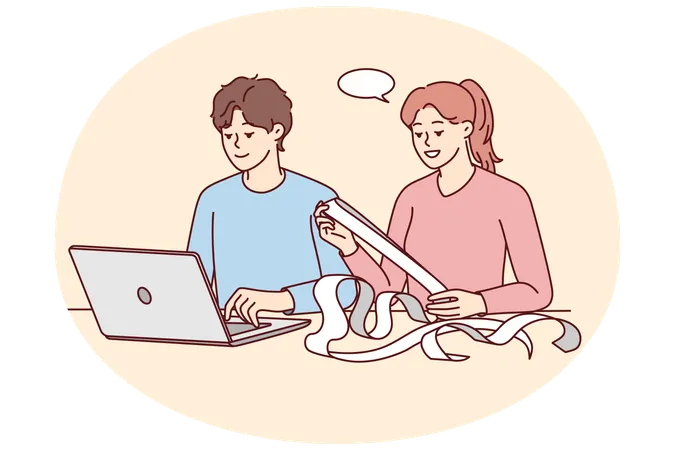 Couple pay bills online on computer  Illustration
