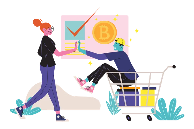 Couple paying for shopping via bitcoin  Illustration