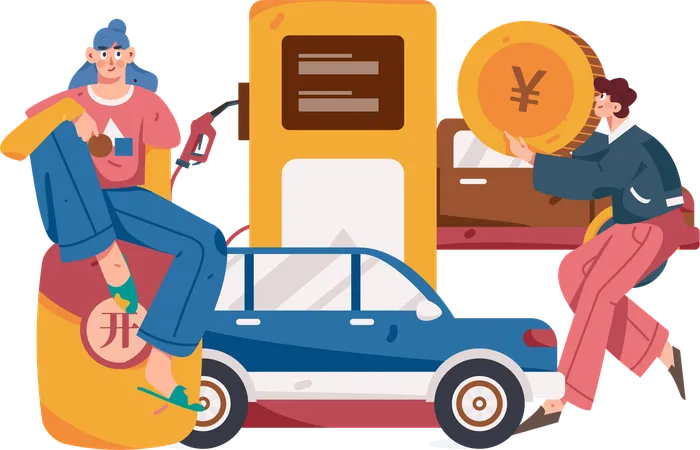 Couple pays car diesel refueling payment  Illustration