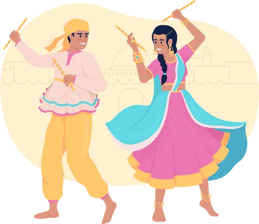 Couple performing indian dance with sticks Illustration
