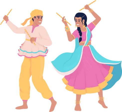 Couple performing indian dance with sticks  Illustration