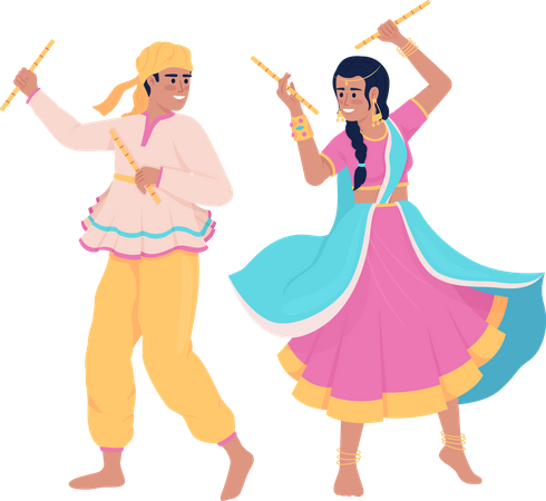 Couple performing indian dance with sticks  Illustration