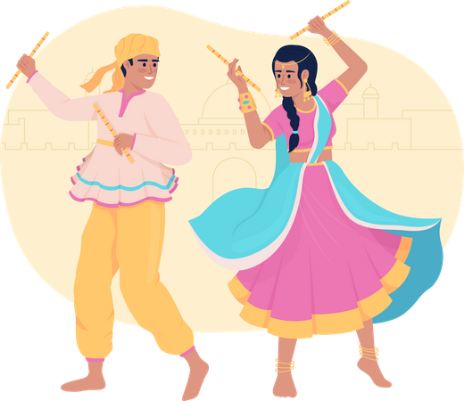 Couple performing indian dance with sticks  Illustration