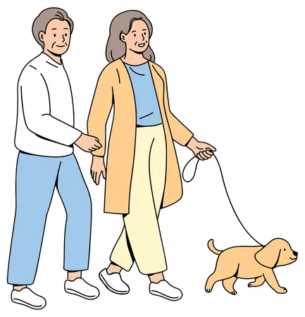 Couple de personnes âgées marchant avec un chien  Illustration