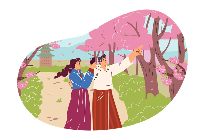 Couple photographing cherry blossoms  Illustration