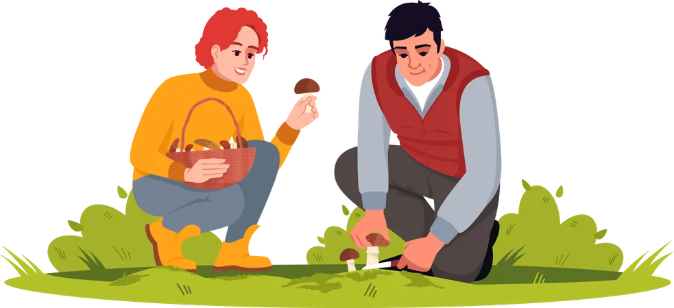 Couple Picking Mushrooms Illustration