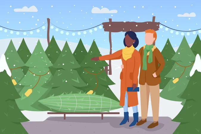 Couple Picking pine at tree farm  Illustration