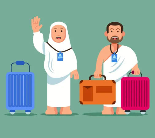 Couple pilgrims carrying whelled briefcase  ready for pilgimage trip to Mecca.  Illustration