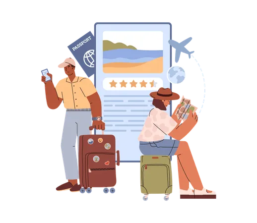 Man And Woman With Suitcases Planning Vacation Flat Style Vector Illustration Isolated Huge Mobile Phone Screen With Review Map And Documents For Flight Plane Illustration
