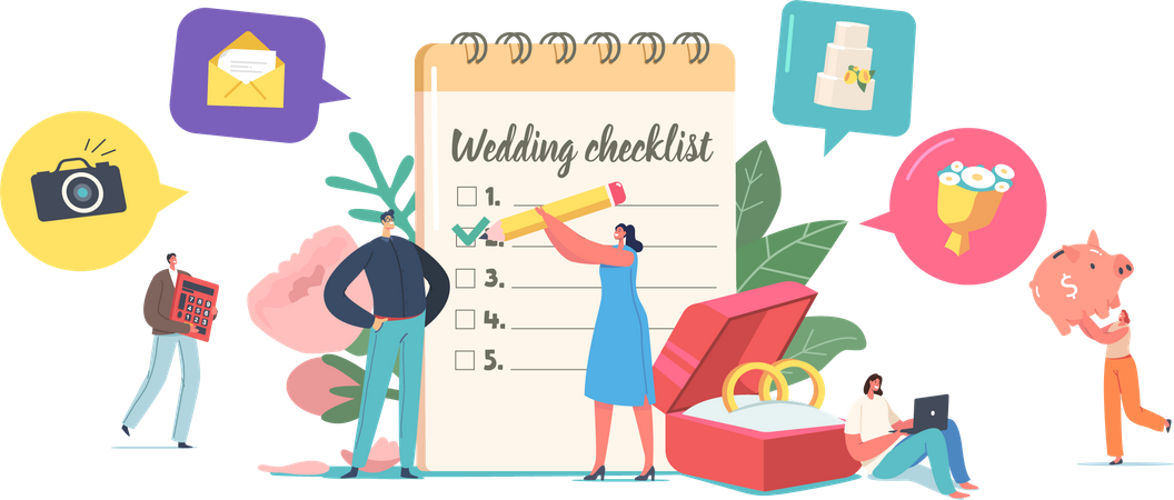 Couple Planning Wedding  Filling Checklist before Marriage  Illustration