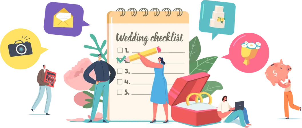 Couple Planning Wedding  Filling Checklist before Marriage  Illustration